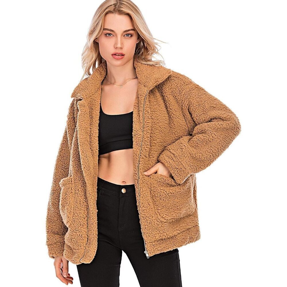 Womenโs Casual Fleece Faux Shearling Coat Lapel Zipper Warm Oversized Winter